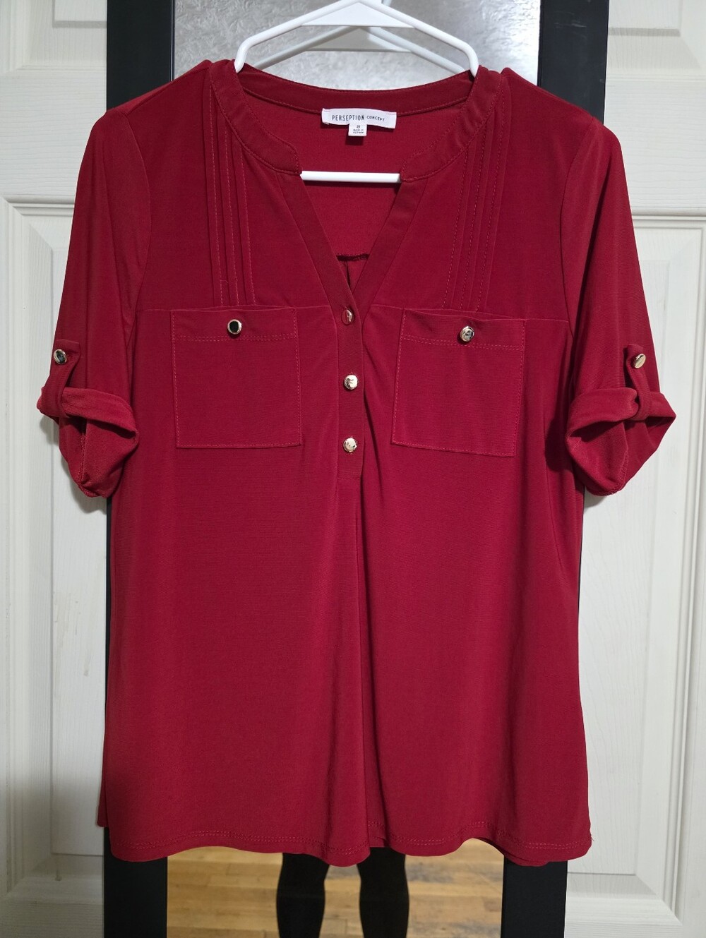 Women’s Red Button-Front Roll-Sleeve Blouse
